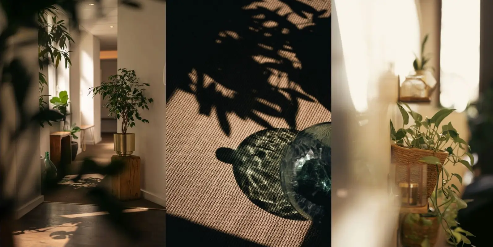 Ambiance du centre Qee, Paris 9e : couloir avec plantes, ombres de feuillage sur un tapis, plantes suspendues à la lumière chaude
